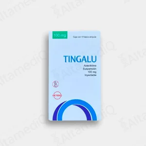 Caja de medicamento oncológico de alta especialidad Tingalu Azacitidina 100 mg solución inyectable con un frasco ámpula Hetero. Farmacia de Alta Especialidad AltamediQ.