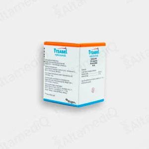 Caja de medicamento de alta especialidad Tysabri Natalizumab 300 mg / 15 mL solución inyectable con un frasco ámpula Biogen. Farmacia de Alta Especialidad AltamediQ.