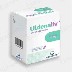 Caja y frasco de medicamento oncológico de alta especialidad Uldenaliv Lenalidomida 10 mg con 21 cápsulas Ulsatech. Farmacia de Alta Especialidad AltamediQ.
