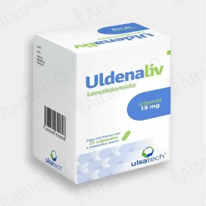Caja y frasco de medicamento oncológico de alta especialidad Uldenaliv Lenalidomida 15 mg con 21 cápsulas Ulsatech. Farmacia de Alta Especialidad AltamediQ.