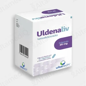 Caja y frasco de medicamento oncológico de alta especialidad Uldenaliv Lenalidomida 25 mg con 21 cápsulas Ulsatech. Farmacia de Alta Especialidad AltamediQ.