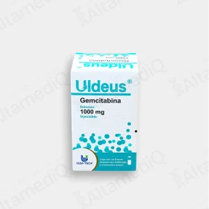 Caja de medicamento oncológico de alta especialidad Uldeus Gemcitabina 1000 mg solución inyectable Ulsatech. Farmacia de Alta Especialidad AltamediQ.