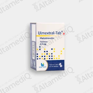 Caja y frasco de medicamento de alta especialidad Ulmextral Metotrexato 2.5 mg con 50 tabletas Ulsatech. Farmacia de Alta Especialidad AltamediQ.