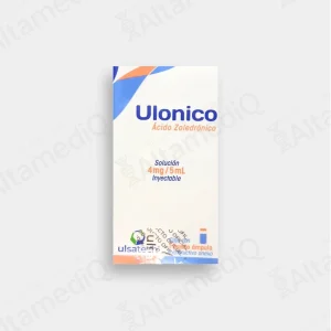 Caja de medicamento oncológico Ulonico Ácido Zoledrónico 4 mg solución inyectable Ulsatech. Farmacia de Alta Especialidad AltamediQ.