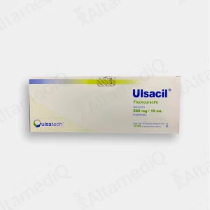 Caja de medicamento oncológico de alta especialidad Ulsacil Fluorouracilo 500 mg / 10 mL solución inyectable con 10 frascos ámpula Ulsatech. Farmacia de Alta Especialidad AltamediQ.