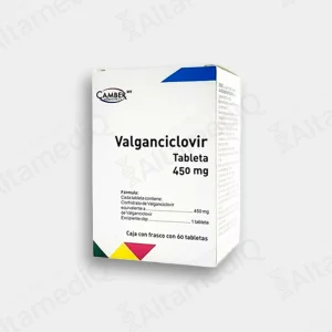 Caja y frasco de medicamento antiviral de alta especialidad Valganciclovir Camber 450 mg con 60 tabletas. Farmacia de Alta Especialidad AltamediQ.