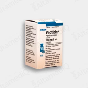 Caja de medicamento oncológico de alta especialidad Vectibix Panitumumab 100 mg / 5 mL solución inyectable con un frasco ámpula Amgen. Farmacia de Alta Especialidad AltamediQ.