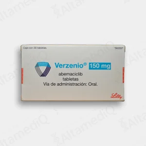 Caja de medicamento oncológico de alta especialidad Verzenio Abemaciclib 150 mg con 56 tabletas Eli Lilly. Farmacia de Alta Especialidad AltamediQ.