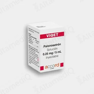 Caja de medicamento antiemético oncológico de alta especialidad Viqet Palonosetrón 0.25 mg / 5 mL solución inyectable con un frasco ámpula Accord. Farmacia de Alta Especialidad AltamediQ.