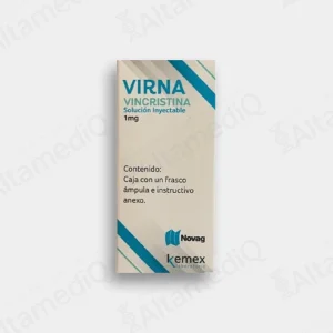 Caja de medicamento oncológico de alta especialidad Virna Vincristina 1 mg solución inyectable con un frasco ámpula Novag. Farmacia de Alta Especialidad AltamediQ.