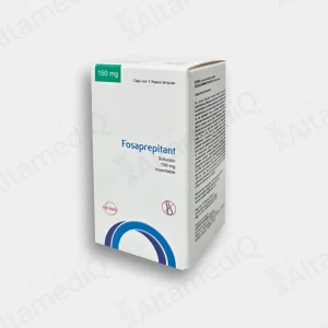 Caja de medicamento de alta especialidad Vomifos Fosaprepitant 150 mg solución inyectable con un frasco ámpula Hetero. Farmacia de Alta Especialidad AltamediQ.