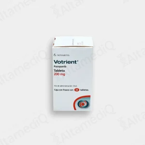 Caja y frasco de medicamento oncológico de alta especialidad Votrient Pazopanib 200 mg con 30 tabletas Novartis. Farmacia de Alta Especialidad AltamediQ.