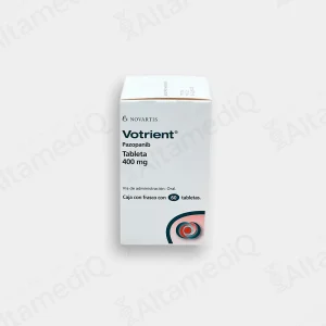 Caja y frasco de medicamento oncológico de alta especialidad Votrient Pazopanib 400 mg con 60 tabletas Novartis. Farmacia de Alta Especialidad AltamediQ.