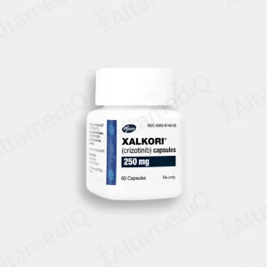 Frasco de medicamento oncológico de alta especialidad Xalkori Crizotinib 250 mg con 60 cápsulas Pfizer. Farmacia de Alta Especialidad AltamediQ.