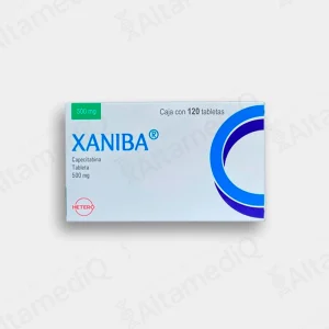 Caja de medicamento oncológico de alta especialidad Xaniba Capecitabina 500 mg con 120 tabletas Hetero. Farmacia de Alta Especialidad AltamediQ.