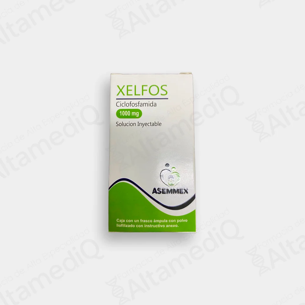 Caja de medicamento oncológico Xelfos Ciclofosfamida 1 g solución inyectable. Farmacia de Alta Especialidad AltamediQ.