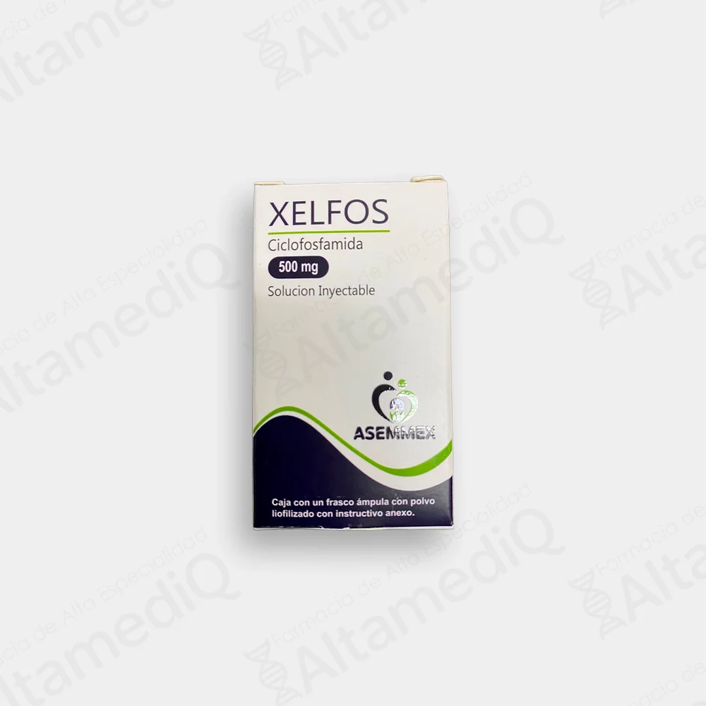 Caja de medicamento oncológico Xelfos Ciclofosfamida 500 mg solución inyectable. Farmacia de Alta Especialidad AltamediQ.