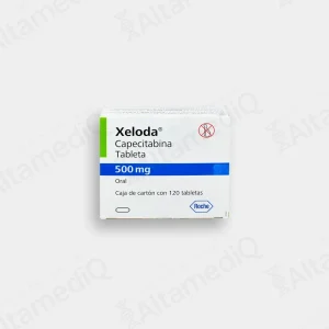 Caja de medicamento oncológico de alta especialidad Xeloda Capecitabina 500 mg con 120 tabletas Roche. Farmacia de Alta Especialidad AltamediQ.