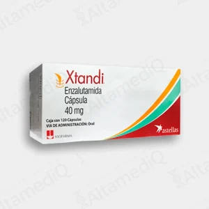 Caja de medicamento oncológico de alta especialidad Xtandi Enzalutamida 40 mg con 120 cápsulas Astellas. Farmacia de Alta Especialidad AltamediQ.