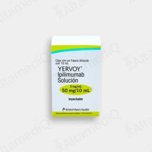 Caja de medicamento oncológico Yervoy Ipilimumab 50 mg solución inyectable Bristol-Myers Squibb. Farmacia de Alta Especialidad AltamediQ.