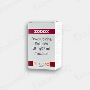 Caja de medicamento oncológico de alta especialidad Zodox Doxorubicina 50 mg / 25 mL solución inyectable con un frasco ámpula Accord. Farmacia de Alta Especialidad AltamediQ.