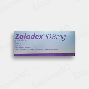 Caja de medicamento de alta especialidad Zoladex Goserelina 10.8 mg implante para tres meses con una jeringa aplicadora precargada AstraZeneca. Farmacia de Alta Especialidad AltamediQ.
