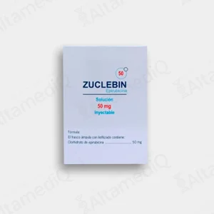 Caja de medicamento oncológico de alta especialidad Zuclebin Epirubicina 50 mg solución inyectable Zurich. Farmacia de Alta Especialidad AltamediQ.