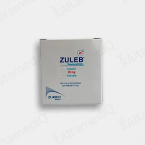 Caja de medicamento oncológico de alta especialidad Zuleb Daunorubicina 20 mg / 10 mL solución inyectable Zurich. Farmacia de Alta Especialidad AltamediQ.