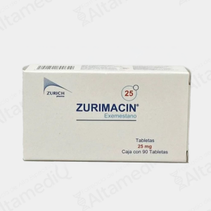 Caja de medicamento oncológico de alta especialidad Zurimacin Exemestano 25 mg con 90 tabletas Zurich. Farmacia de Alta Especialidad AltamediQ.