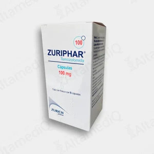 Caja de medicamento de alta especialidad Zuriphar Temozolomida 100 mg con 5 cápsulas Zurich. Farmacia de Alta Especialidad AltamediQ.