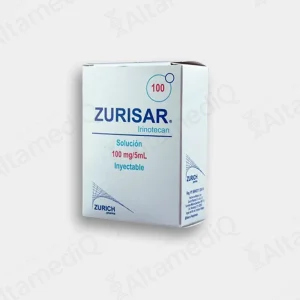 Caja de medicamento de alta especialidad Zurisar Irinotecán 100 mg / 5 mL solución inyectable Zurich. Farmacia de Alta Especialidad AltamediQ.
