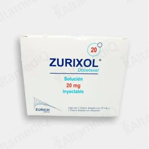 Caja de medicamento oncológico de alta especialidad Zurixol Docetaxel 20 mg solución inyectable Zurich. Farmacia de Alta Especialidad AltamediQ.