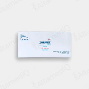 Caja de medicamento de alta especialidad Zurmez Mesna 400 mg / 4 mL solución inyectable Zurich. Farmacia de Alta Especialidad AltamediQ.