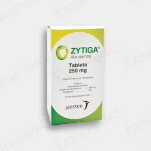 Caja de medicamento oncológico de alta especialidad Zytiga Abiraterona 250 mg con 120 tabletas Janssen. Farmacia de Alta Especialidad AltamediQ.