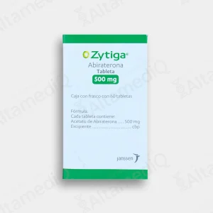 Caja de medicamento oncológico de alta especialidad Zytiga Abiraterona 500 mg con 60 tabletas Janssen. Farmacia de Alta Especialidad AltamediQ.