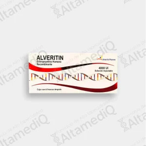 Caja de medicamento de alta especialidad Alveritin Eritropoyetina Humana Recombinante 4,000 UI con 6 frascos ámpula Alvartis Pharma. Farmacia de Alta Especialidad AltamediQ.