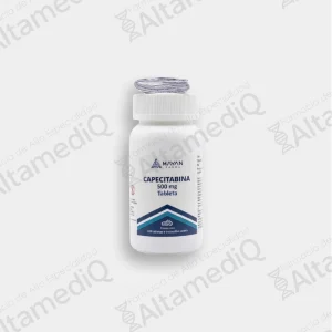 Caja de medicamento de alta especialidad Capecitabina 500 mg con 120 tabletas Mayan Farma. Farmacia de Alta Especialidad AltamediQ.