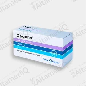 Caja de medicamento de alta especialidad Degehn Mercaptopurina 50 mg con 25 tabletas Mexar Pharma. Farmacia de Alta Especialidad AltamediQ.