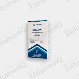 Caja de medicamento de alta especialidad Dezox Dexrazoxano 500 mg solución inyectable Mayan Farma. Farmacia de Alta Especialidad AltamediQ.