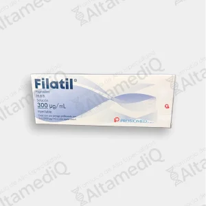 Caja de medicamento de alta especialidad Filatil Filgrastim 300 ug solución inyectable Probiomed. Farmacia de Alta Especialidad AltamediQ.