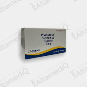 Caja de medicamento de alta especialidad Plascord Tacrolimus 1 mg con 50 cápsulas Caritas Pharma. Farmacia de Alta Especialidad AltamediQ.