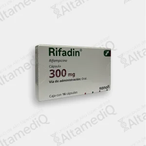 Caja de medicamento Rifadin Rifampicina con 16 cápsulas Sanofi. Farmacia de Alta Especialidad AltamediQ.