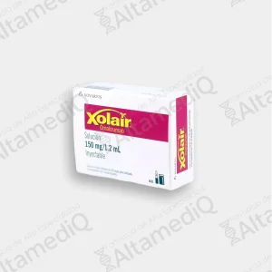 Caja de medicamento de alta especialidad Xolair Omalizumab 150 mg solución inyectable Novartis. Farmacia de Alta Especialidad AltamediQ.