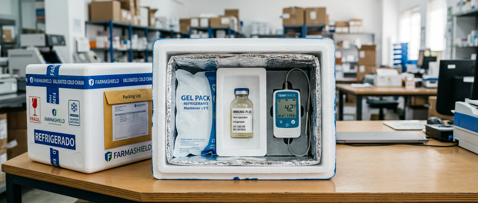 Caja de envío isotérmica con medicamentos refrigerados y gel de temperatura controlada para farmacia especializada