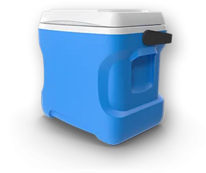 Hielera médica profesional de color azul utilizada para el transporte y envío de medicamentos que requieren red fría por parte de AltamediQ.