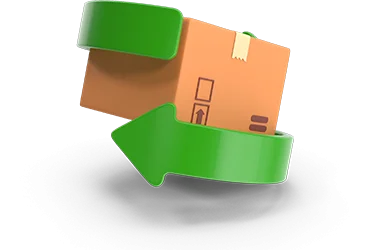 Ilustración 3D de un paquete de envío con flechas verdes circulares, simbolizando la rapidez y seguridad de las entregas nacionales de AltamediQ.