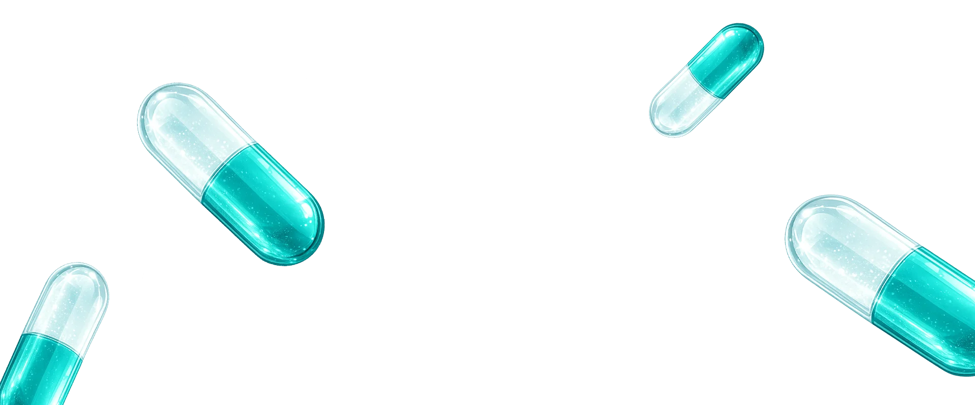 Fondo decorativo con cápsulas farmacéuticas transparentes en color turquesa dispersas sobre fondo blanco.