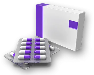 Perspectiva alterna de empaque farmacéutico blanco y púrpura con cápsulas, destacando la garantía de calidad y el servicio profesional de AltamediQ.