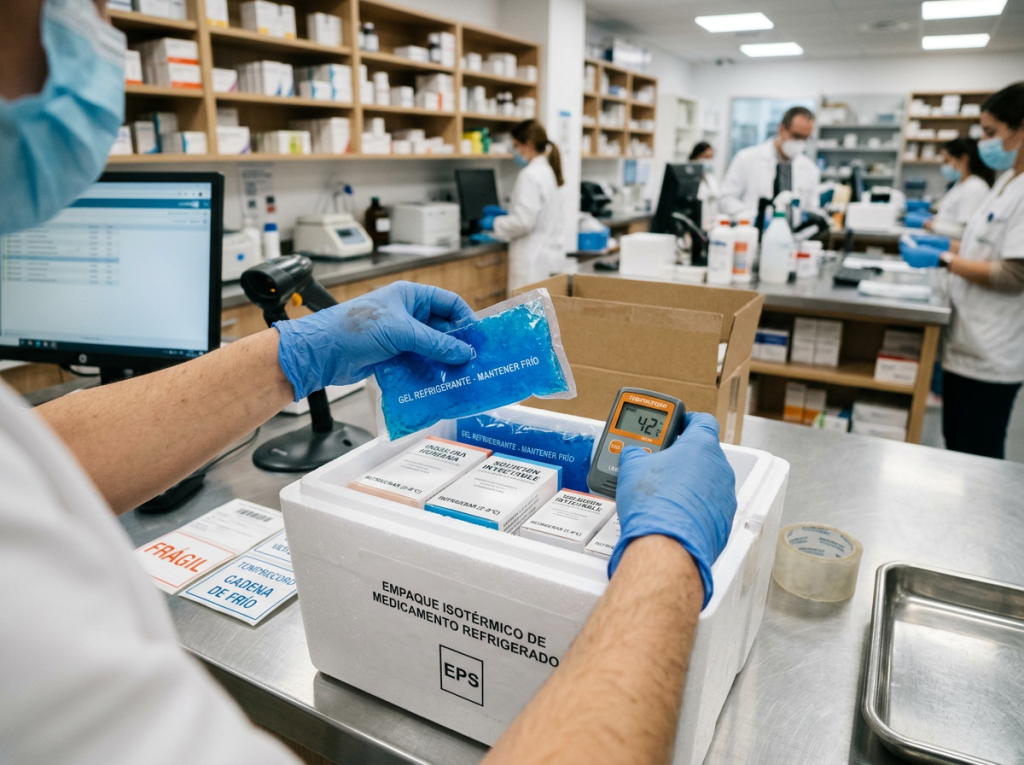 Proceso de empaque de medicamento biológico con cadena de frío en farmacia especializada AltamediQ