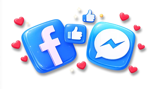 Iconos 3D de Facebook y Messenger rodeados de corazones y reacciones de 'me gusta', invitando a seguir las redes sociales de AltamediQ.